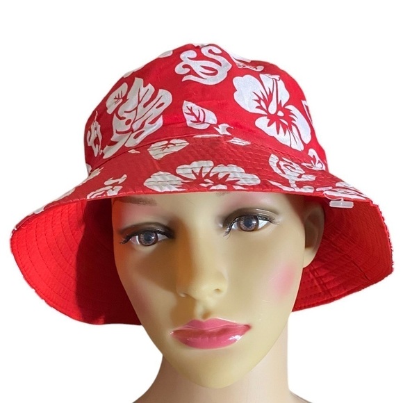 Printed Bucket Hat Red & White All-Over Palm Leaves Bucket Hat OS NEW - Picture 6 of 7